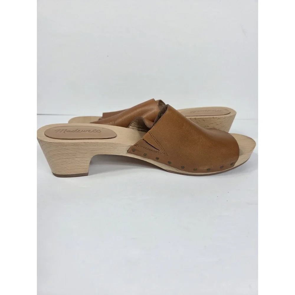 Madewell The Evelyn Slide Comfort Tan Leather Clogs Women 9.5 Wooden Heel